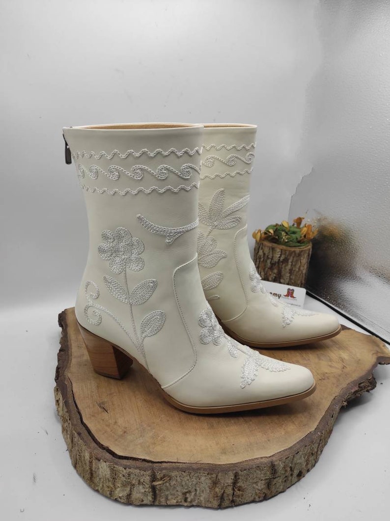 White Leather Boots, Cowboy Boots, Made To Order, Mid Calf, Short Boots, Wedding Boots, Casual Boots, Everyday Boots, Suzani Boots image 8
