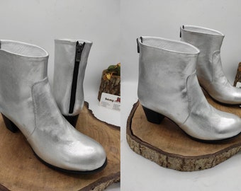 Ankle Boots, Silver Leather, Custom Made, For Her, Handmade, Women's Boots, Genuine Leather, Suzani Boots, Chelsea Boots, Chunky Heel