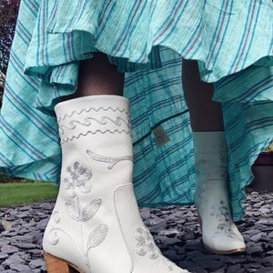 White Leather Boots, Cowboy Boots, Made To Order, Mid Calf, Short Boots, Wedding Boots, Casual Boots, Everyday Boots, Suzani Boots image 2