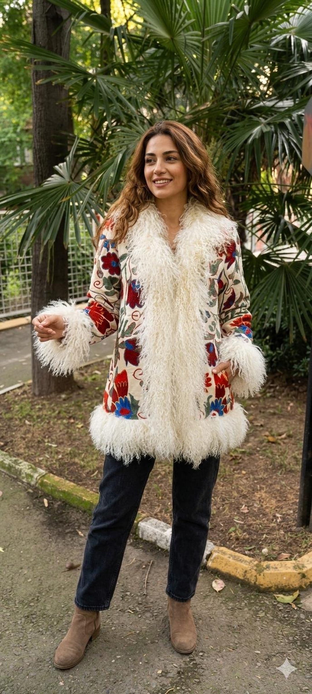 Handmade Suzani Afghan Coat: Mongolian Sheep Fur Trim, Boho Jacket