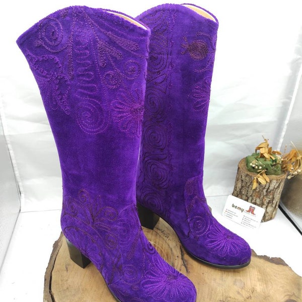 Purple Boots, Platform Boots, Suzani Boots, Custom Made, Comfy Boots, Genuine Leather, Vintage Fashion, Handmade, Made To Order