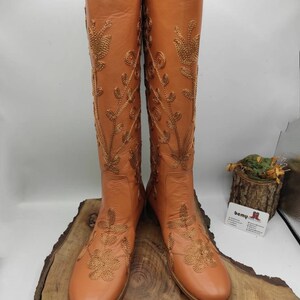 Custom Boots, Honey Brown, Suzani Boots, Knee High, Riding Style, Low Heel, For Her, Handmade, Round Toe, Embroidery Boots, Casual Boots image 10