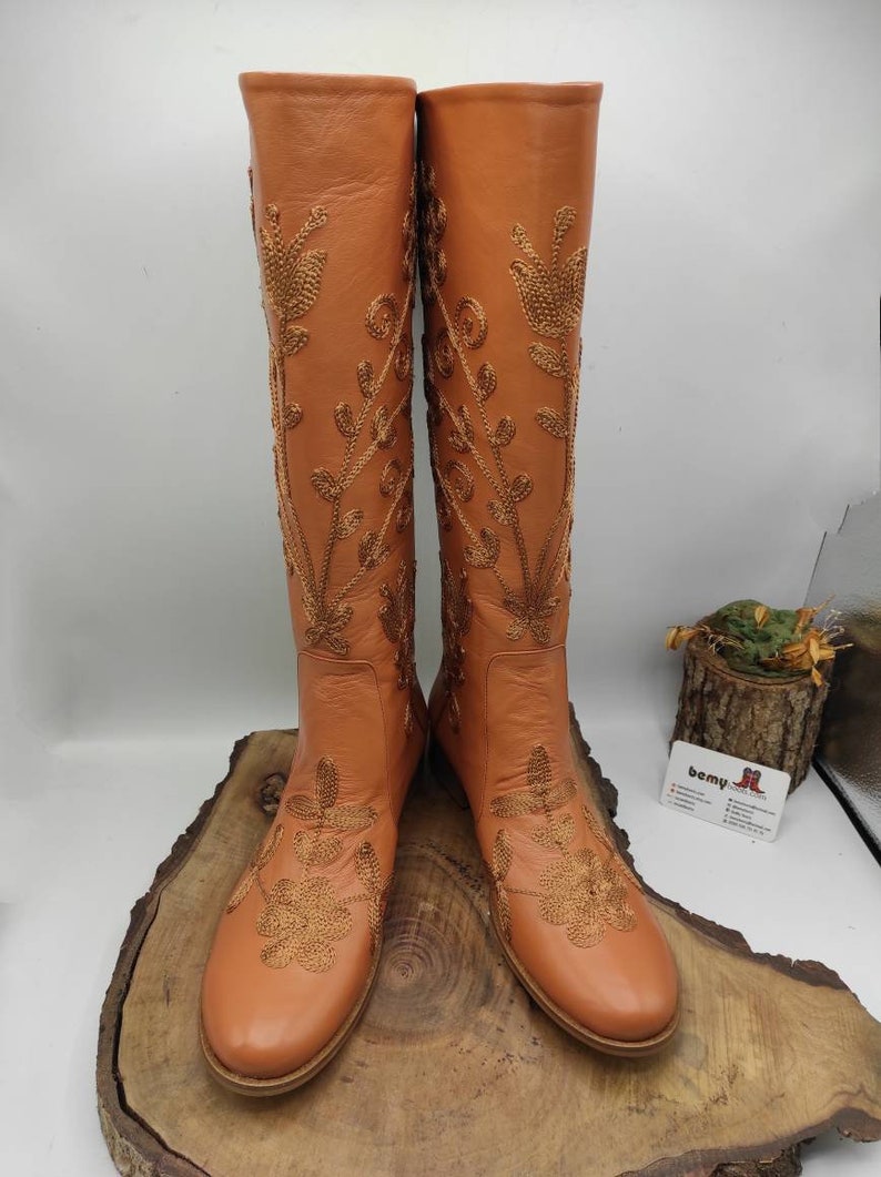 Custom Boots, Honey Brown, Suzani Boots, Knee High, Riding Style, Low Heel, For Her, Handmade, Round Toe, Embroidery Boots, Casual Boots image 10