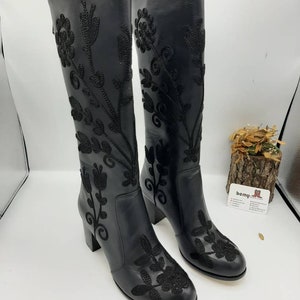 Leather Boots, Custom Boots, Suzani Boots, Casual Boots, For Her, Platform Style, Handmade, Everyday Boots, Embroidery Boots, Black Boots