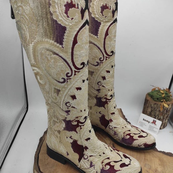 Women's Boots, Riding Boots, Genuine Leather, Tapestry Boots, Low Heel, Round Toe, Knee High, Made To Order, Comfy Boots, Unique Boots