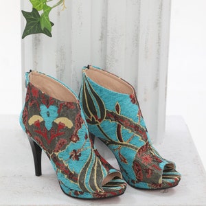 Turquoise Floral Ankle Booties: Open Toe Genuine Leather Stiletto Heels