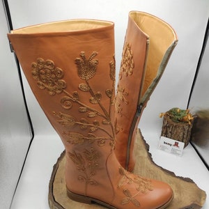 Custom Boots, Honey Brown, Suzani Boots, Knee High, Riding Style, Low Heel, For Her, Handmade, Round Toe, Embroidery Boots, Casual Boots image 3