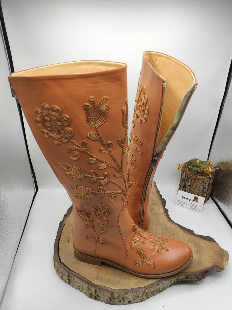 Custom Boots, Honey Brown, Suzani Boots, Knee High, Riding Style, Low Heel, For Her, Handmade, Round Toe, Embroidery Boots, Casual Boots image 3