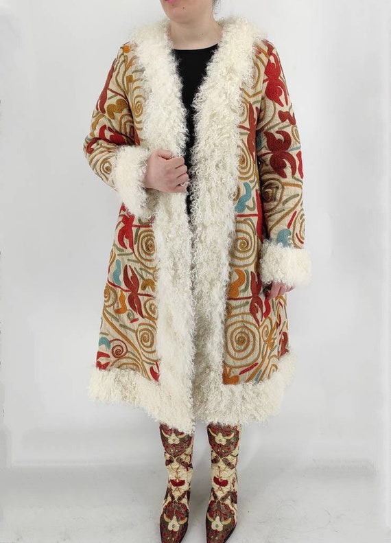 Suzani Embroidered Shearling Trimmed Coat Vintage Coat 