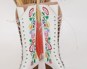Botas vitorianas de couro bordadas personalizadas, botas com cadarço