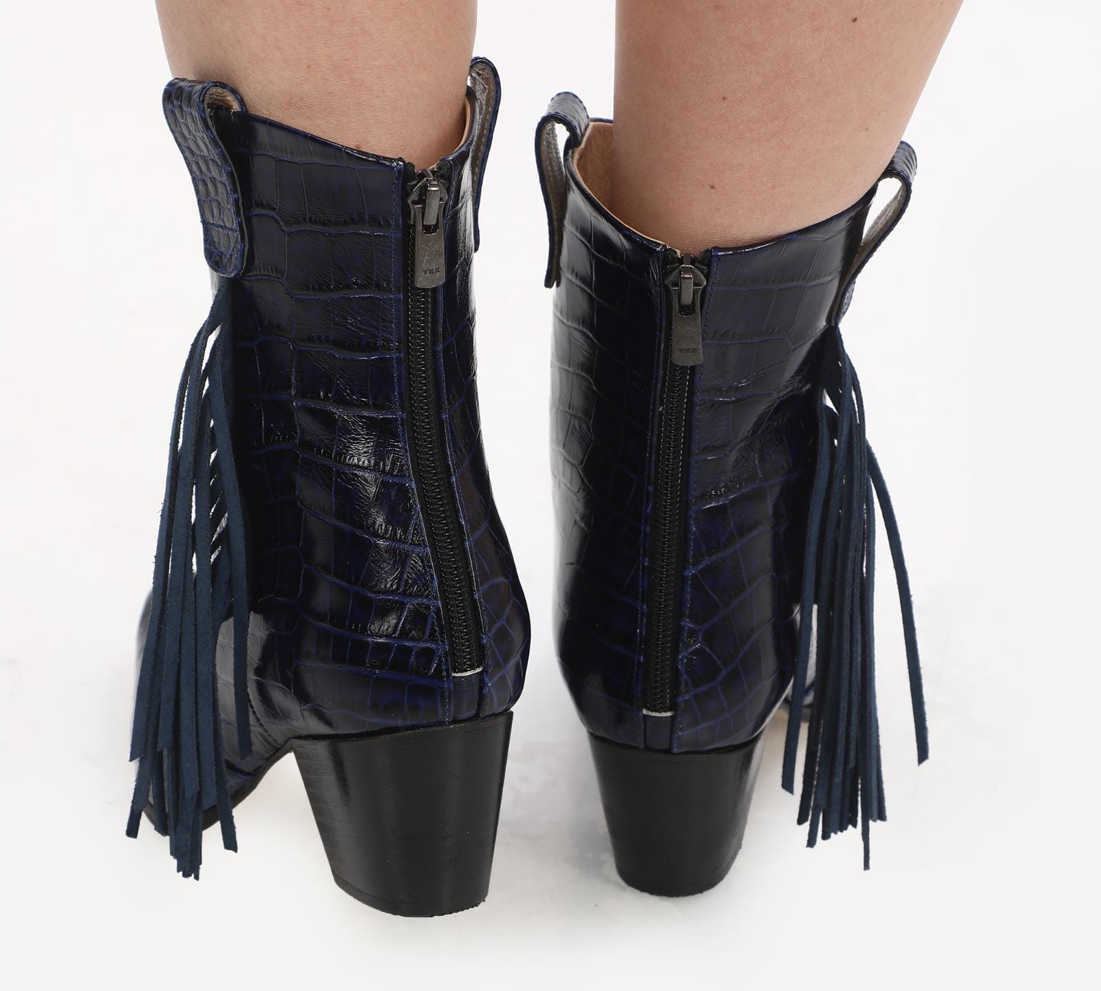 Crocodile Embossed Leather Fringe Cowboy Booties - Navy Blue 