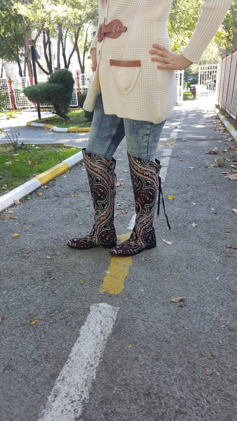 FREE SHIPPING Suzani Women/'s Boots Custom Made Black Boots Over The Knee Boots