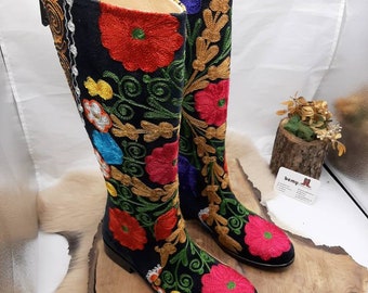 Vintage Boots, Suzani Boots, Riding Boots, Low Heel, Round Toe, Knee High, Embroidery Boots, Floral Pattern, Casual Boots, Everyday Boots