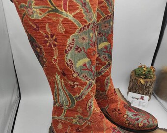 Riding Boots, Low Heel, Round Toe, Suzani Boots, Custom Made, For Her, Tulip Pattern, Genuine Leather, Everyday Boots, Comfy Boots