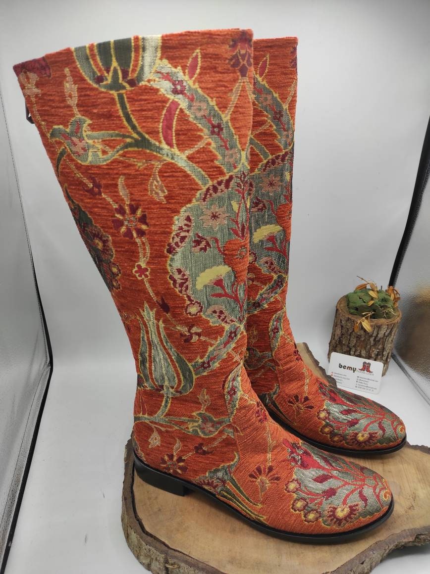 Handmade Suzani Leather Riding Boots: Tulip Pattern, Custom Fit