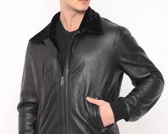 Handgefertigte Leder Fliegerjacke: Herren Lammfell Bomber
