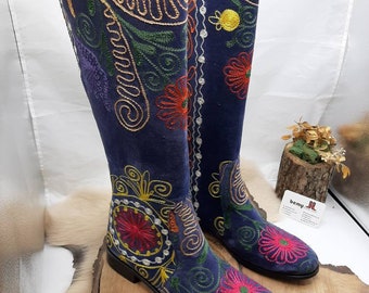 Handmade Suzani Velvet Knee High Boots: Embroidered Leather, Boho Fashion