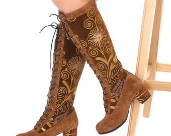 Vintage Suzani Suede Boots: Handmade Embroidered Knee High Riding Boots
