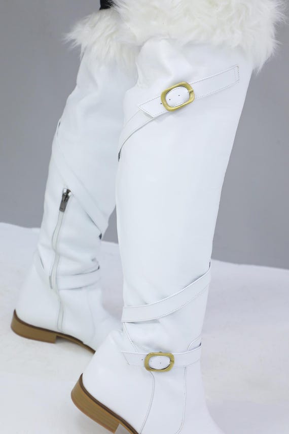 Handmade White Leather Boots: Suzani Style, Fur Trim, Custom Fit