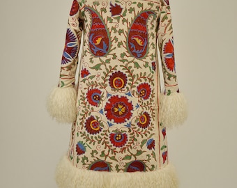 Suzani Shearling Trim Coat, Shearling Coat, Afgan Coat, Women Coat, Custom Made, Embroidered, Handmade, Outdoor Fit, FREE SHIPPING