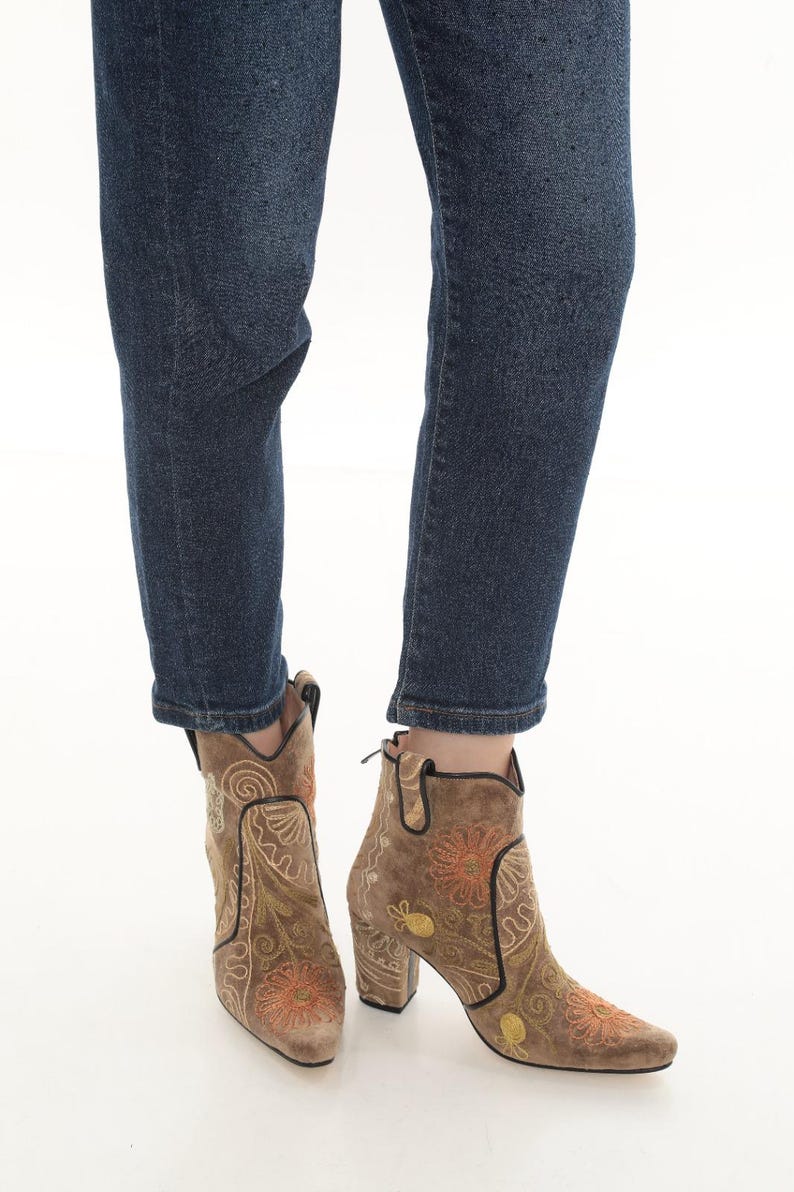 Handmade Suzani Ankle Boots: Floral Embroidered Leather Booties image 10
