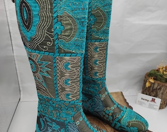 Flat Boots Tapestry Boots Genuine Leather Turquoise Suzani