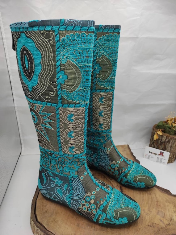 Flat Boots Tapestry Boots Genuine Leather Turquoise Suzani Boots Knee High Round Toe Custom Made Comfy Boots Casual Boots Etsy