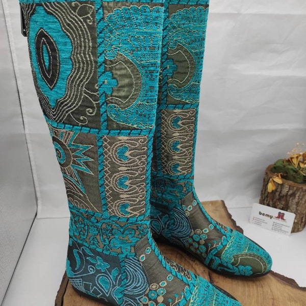 Flat Boots, Tapestry Boots, Genuine Leather, Turquoise, Suzani Boots, Knee High, Round Toe, Custom Made, Comfy Boots, Casual Boots