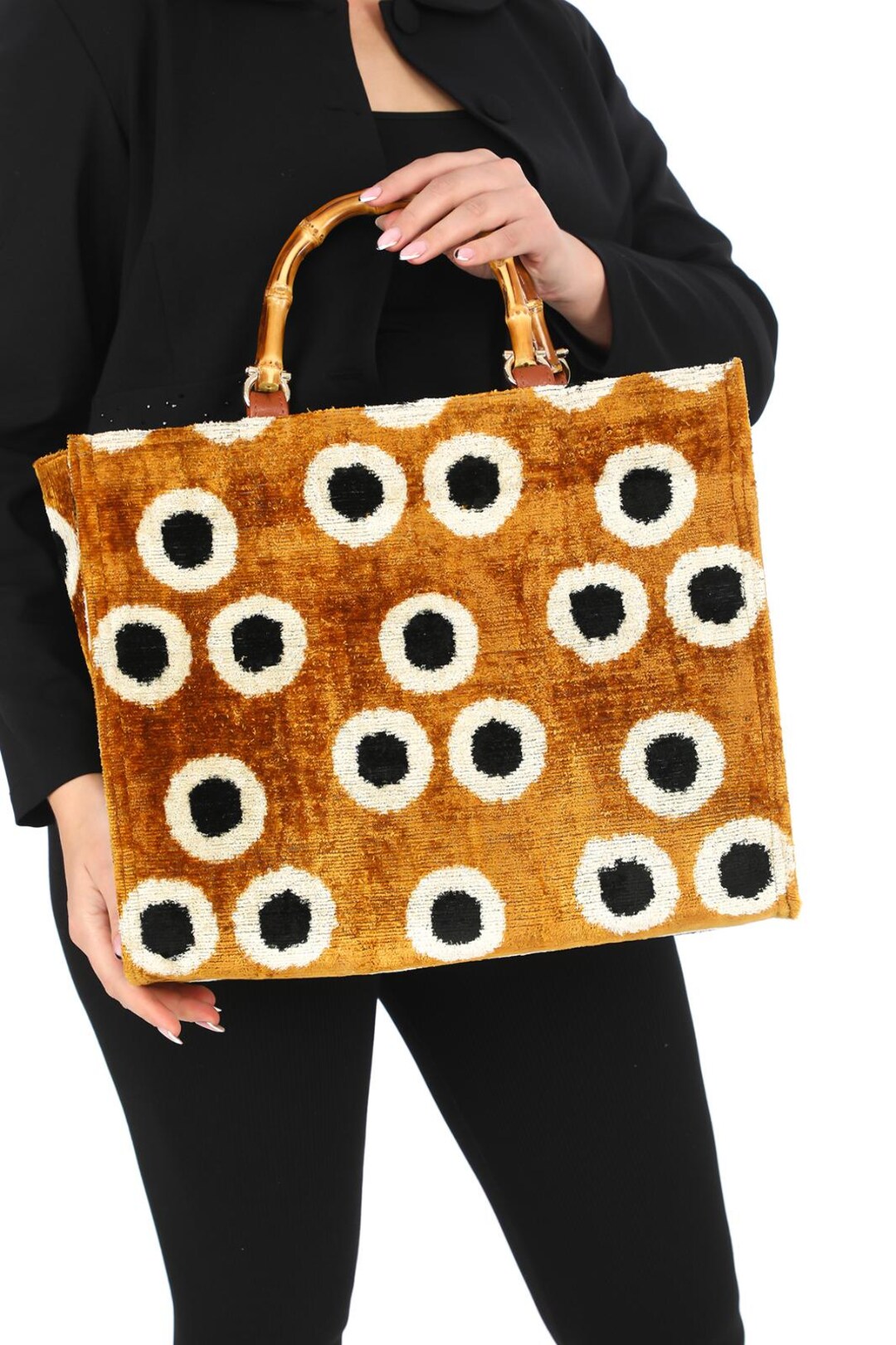 Pink Orange Geometric Ikat Velvet Bamboo Handle Large Tote Bag main image 1