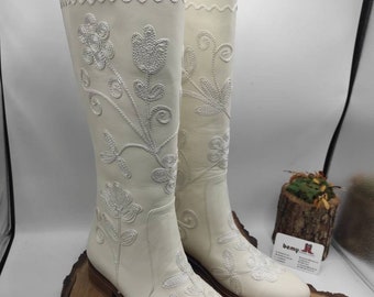 Riding Boots, Wedding Boots, White Boots, Leather Boots, Suzani Boots, Custom Boots, For Her, Handmade, Low Heel, Made To Order