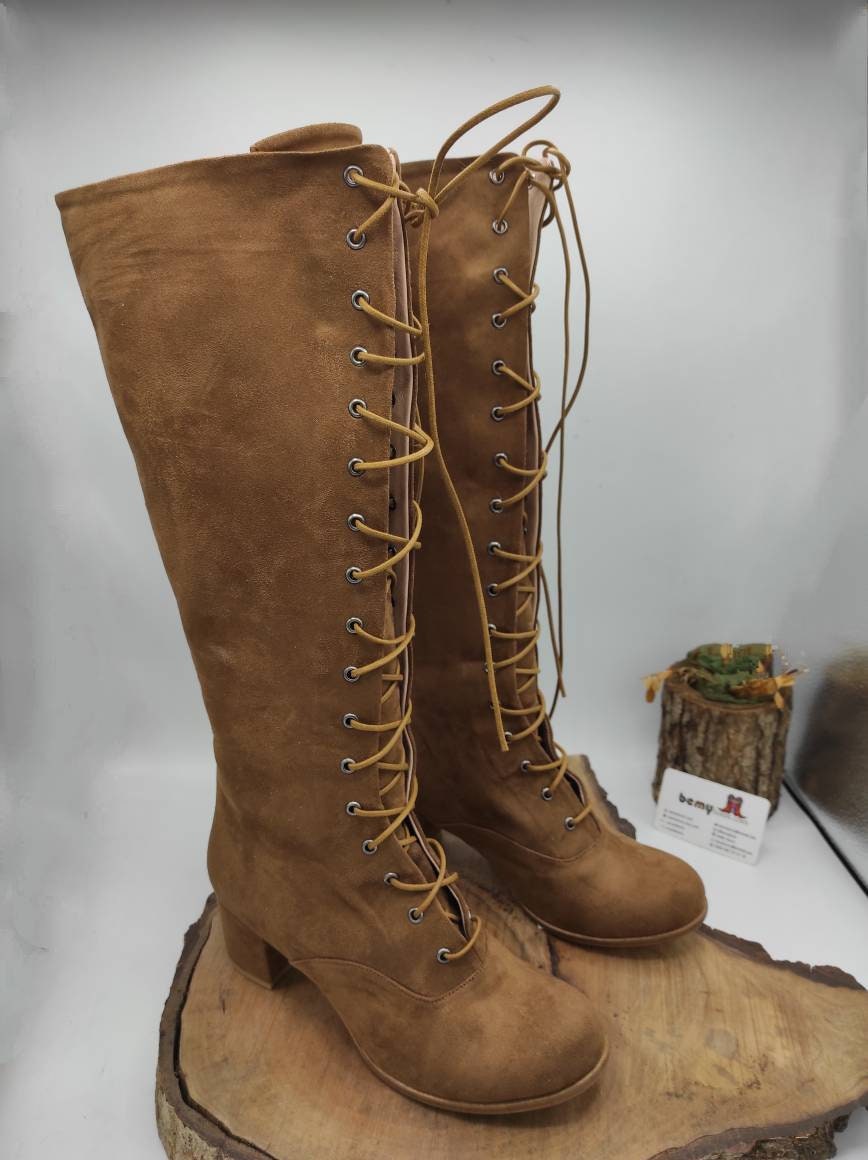 【suzen】Baritone lace-up long boots Suede Leather Lace up Boots, Custom Made, Platform Boots