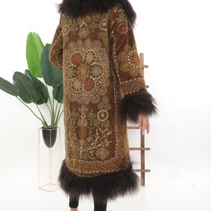 Boho Style Womens Coats, Shearling Coats, Almost Famous 1960s, Suzani Coat, Brown Fur, Custom Made, Afgan Coat, Floral Pattern Coats