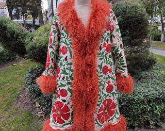 Handmade Suzani Shearling Coat: Vintage Embroidered Afghan Style