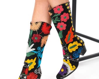 Vintage Suzani Cowboy Boots: Embroidered Floral Western Boots