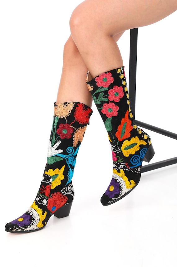 【suzen】skinny vintage western boots Vintage Embroidery Cowboy Boots, Suzani Boots, Western Style