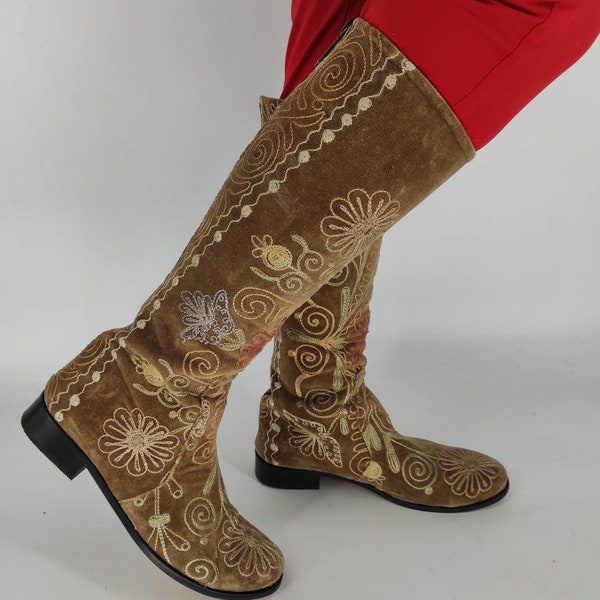 Handmade Genuine Leather Vintage Boots, Suzani Boots, Low Heel, Riding Boots, Knee High, Embroidery Boots, Comfy Boots, Custom Made