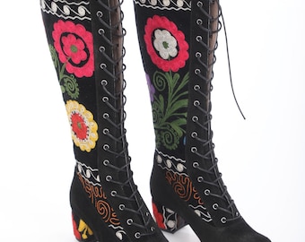 Embroidered Suzani Victorian Boots: Custom Leather Lace-Up Knee High Boots