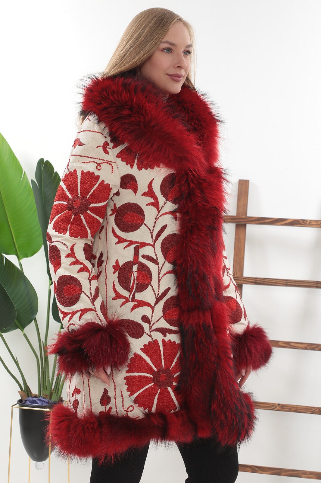 Vintage Suzani Shearling Coat: Fox Fur Trim, Red Embroidery - Etsy