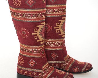 Riding Boots, Low Heel, Custom Made, Kilim Boots, Knee High, Round Toe, Ethnic Pattern, For Her, Comfy Boots, Genuine Leather, Country Style