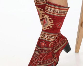 Handmade Kilim Leather Knee High Boots: Ethnic Platform Boots