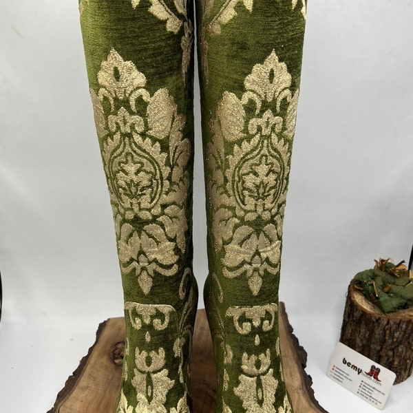 Platform Style Custom Made Women's Boots, Green Tapestry Genuine Leather, Stiletto Heels, Suzani Boots, Knee High, Made To Order, For Her