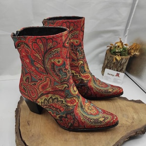 Ankle Boots, Custom Made, Ankle Booties, Suzani Boots, Cowboy Boots, For Her, Genuine Leather, Tapestry Boots, Cowgirl Style, Handmade