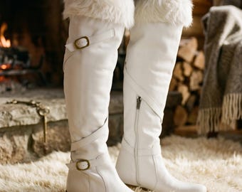 Handmade White Leather Boots: Suzani Style, Fur Trim, Custom Fit