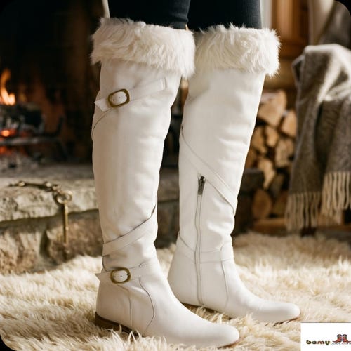 Handmade White Leather Boots: Suzani Style, Fur Trim, Custom Fit