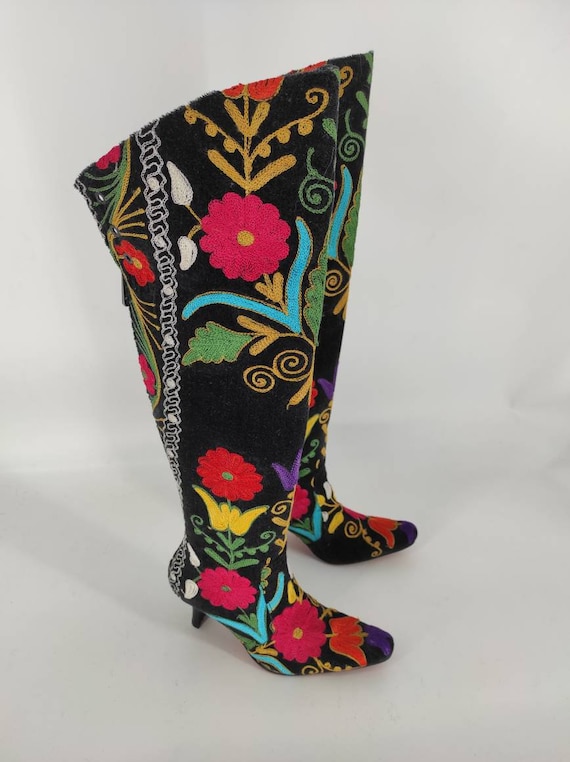 Over Knee Boots, Vintage Boots, Suzani Boots, Tapestry Boots, Pointy Toe,  for Her, Boho Fashion, Floral Pattern, Custom Made, Kitten Heel 