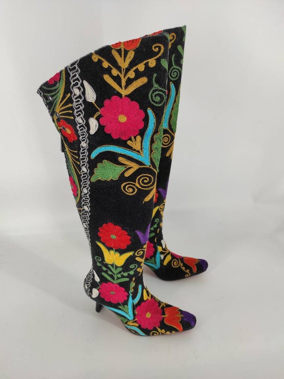 Over Knee Boots, Vintage Boots, Suzani Boots, Tapestry Boots, Pointy Toe,  for Her, Boho Fashion, Floral Pattern, Custom Made, Kitten Heel 