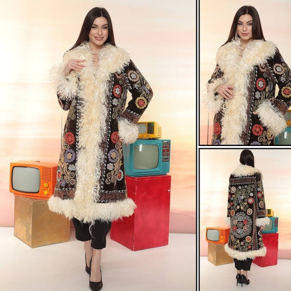 Vintage Shearling Coat, Floral Embroidery, Suzani Afghan Style - Etsy