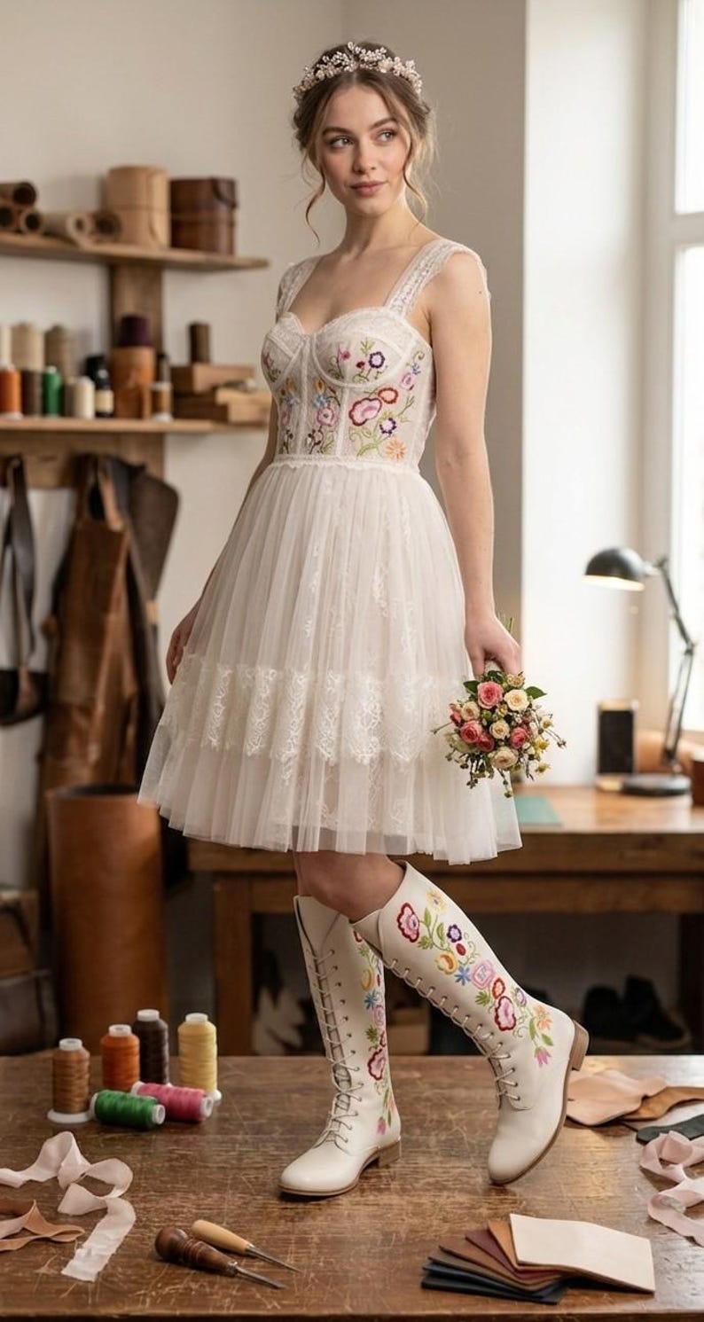 May include: A white wedding dress with a floral embroidered bodice and a tulle skirt. The dress is paired with matching white knee-high boots, also adorned with floral embroidery. A small bouquet of flowers is held in the hand.