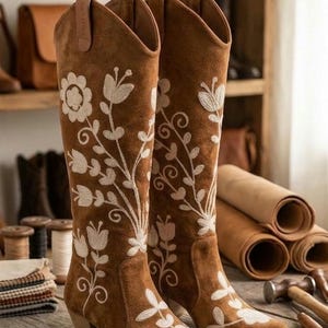 Könnte beinhalten: Ein Paar braune Wildleder-Cowboystiefel mit weißer Blumenstickerei. Die Stiefel haben eine spitze Zehenpartie und einen gestapelten Absatz. Die Stiefel werden auf einer Holzoberfläche mit Werkzeugen und Lederrollen im Hintergrund ausgestellt.