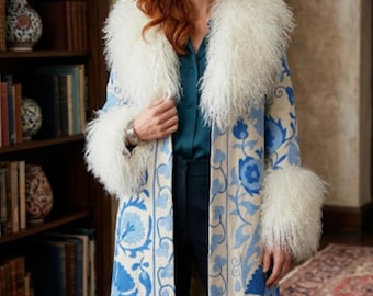 Handmade Shearling Coat: Vintage Afghan Style Embroidered Suzani